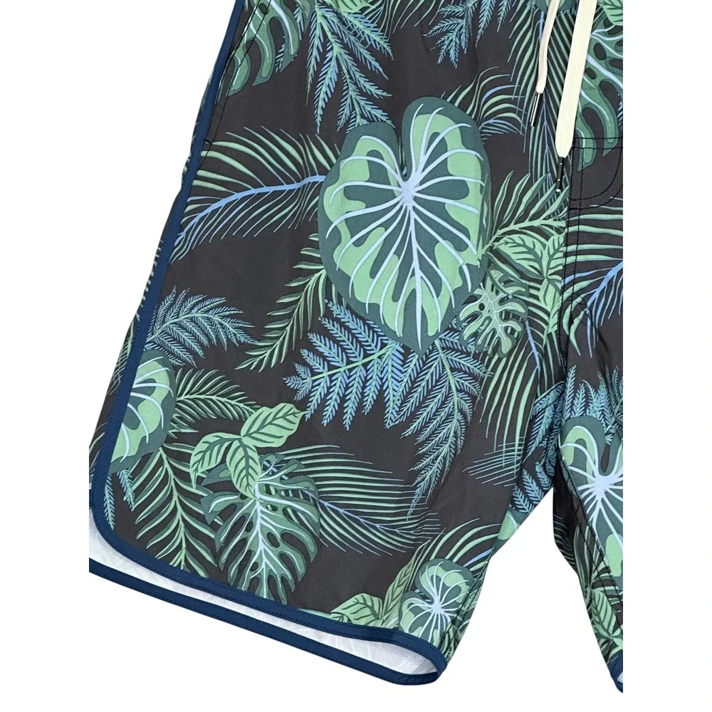 Fair Harbor Mens Tropical Palm Print Board Shorts Large Lined Swim Trunks Green